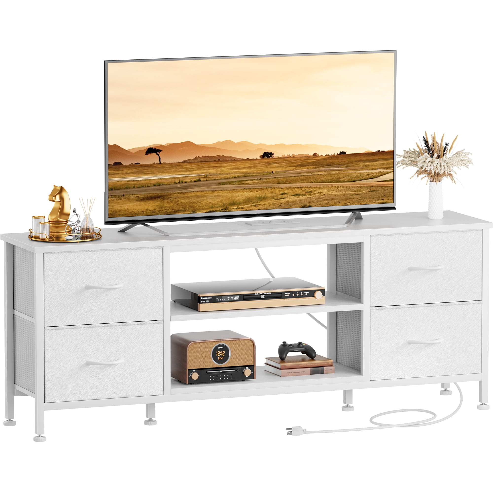 TV Stand for Bedroom, Television Stand for TV up to 60 Inch Entertainment Center Dresser with 4 Drawers Open Storage Shelves for Living Room, Entryway