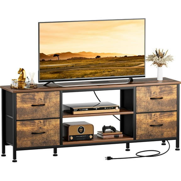 TV Stand for Bedroom, Television Stand for TV up to 60 Inch Entertainment Center Dresser with 4 Drawers Open Storage Shelves for Living Room, Entryway