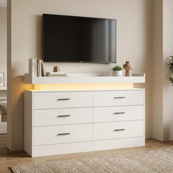 TV Stand Cabinet with Led Lights & Charging Station, Coffee Bar Cabinet Floating Countertop, Modern Sideboard Table 6 Drawers for Home, 47.24" w*15.75" d*31.5" h, White