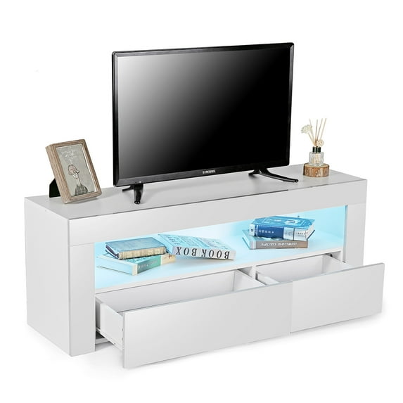 TV Stand Cabinet for Living Room Up to 55" TV, Entertainment Center with RGB LED Lights and Storage Shelves Furniture, White High Gloss TV Console Table