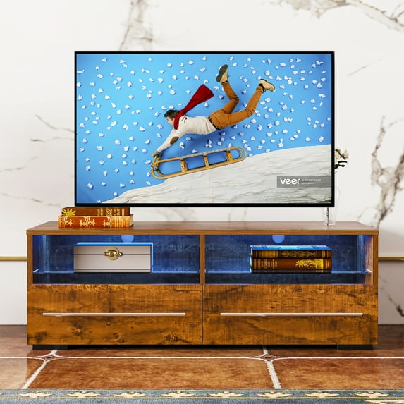 TV Stand Cabinet, Seizeen Entertainment Center with LED Lights, Wood TV Console Table with Large Storage Drawers and Shelves, Modern TV Stand for 45inch TV, Walnut