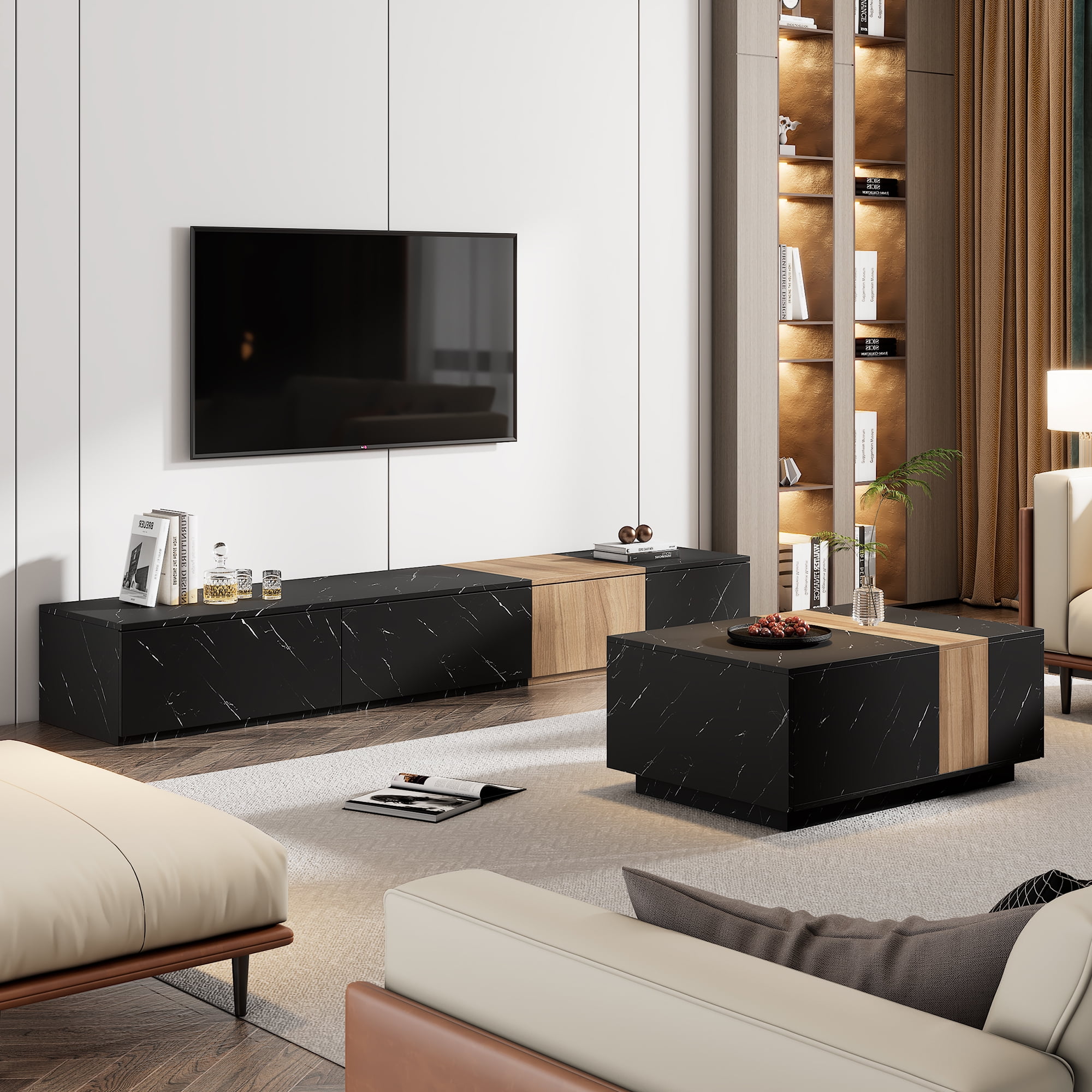 TV Stand and Coffee Table with Faux Marble, Walnut Wood Grain Finish ...