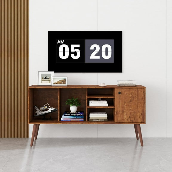 TV Stand Combining Closed Cabinet and Open Shelf Storage, Durable Textured Veneer Finish, Four Solid Wood Legs for Stability, Easy to Assemble, 53.15 Inch Wide, Walnut Brown