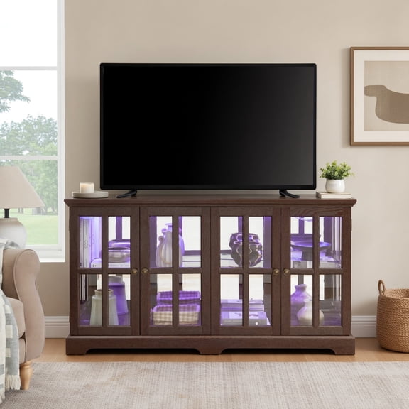 TV Stand Display Cabinet, Glass Door Media Console w/ RGB LED & Adjustable Shelves, Entertainment Center, Cherry
