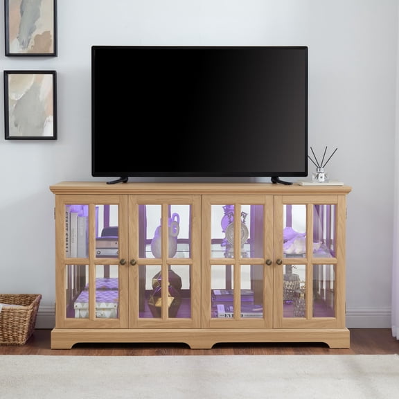 TV Stand Display Cabinet, Glass Door Media Console w/ RGB LED & Adjustable Shelves, Entertainment Center, Oak