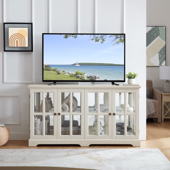 TV Stand Display Cabinet, Glass Door Media Console w/ RGB LED & Adjustable Shelves, Entertainment Center, White