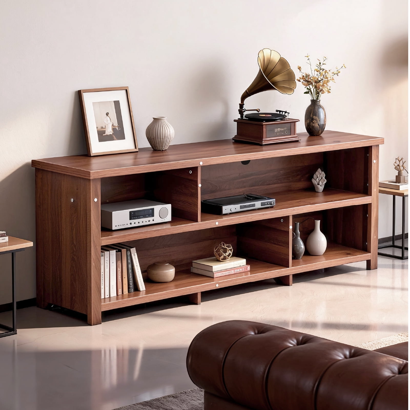 TV Stand, Double Layer Entertainment Center with Open Storage Shelves, Modern TV Console for Living Room & Bedroom, Dark Brown Particle Board 70.07"x15.75"x24.4"