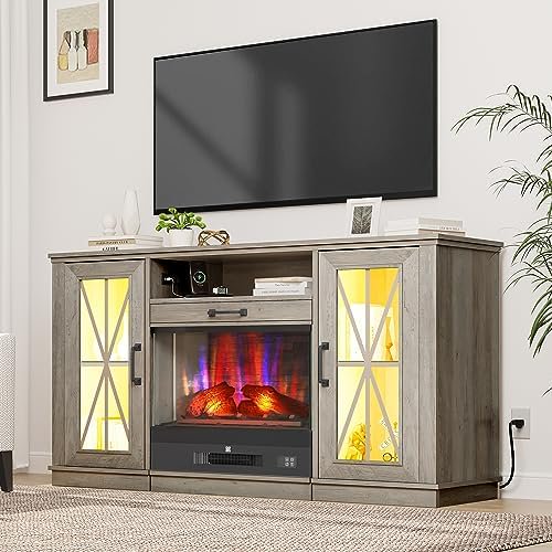 TV Stand with Drawable Fireplace LED Entertainment Center with