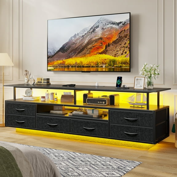 TV Stand with Drawer-6 PU Fabric Drawer- Entertainment Center and Industrial TV Console Table with Open Storage Shelves / LED Lights/ Power Outlets,Black TV Stand for 65 70 Inches TV