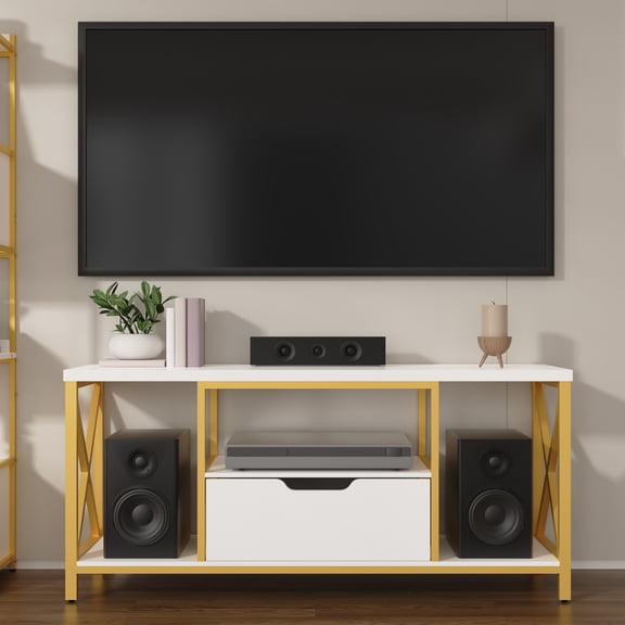 TV Stand with Drawer for TVs up to 60 Inch, TV Console Table with Open Storage Shelves, Modern Entertainment Center for Living Room, White and Gold