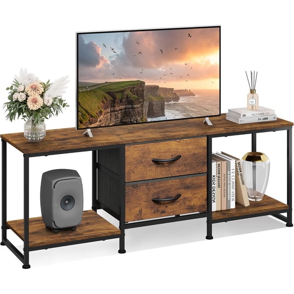 TV Stand Dresser with 2 Drawers, Entertainment Center for 50" Inch TV with Open Storage Shelves, Industrial Media Console for Bedroom, Living Room, Rustic Brown