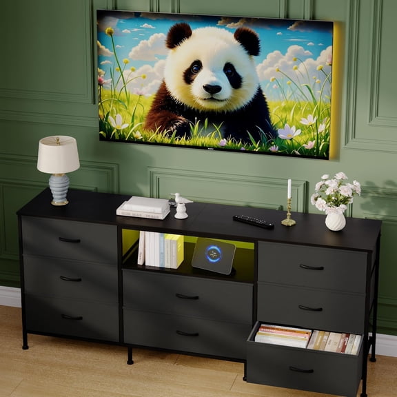 TV Stand Dresser for 55-75 Inch TV, Entertainment Center with LED Lights, 8 Fabric Drawers, Metal Frame Storage Cabinet with Wood Top for Living Room Bedroom Hallway