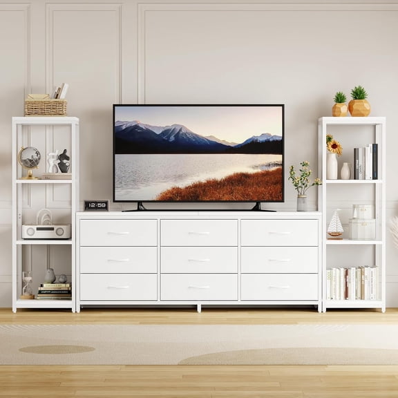 TV Stand Dresser for 75 Inch TV, Large Entertainment Center with Fabric Drawers & 4 Tier Storage Shelves, Modern Industrial TV Console for Living Room (White, 9 Drawers)