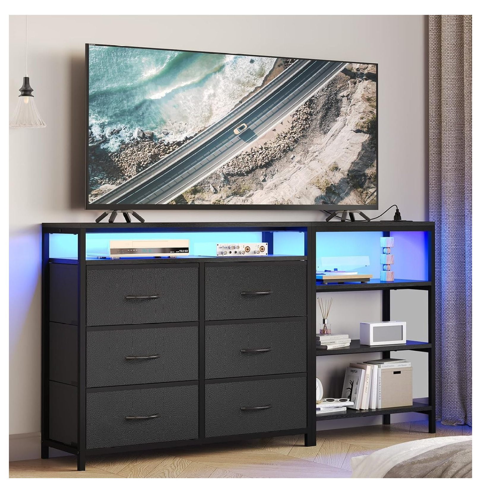 TV Stand Dresser Bedroom for 60 Inch TV with LED Lights & Charging