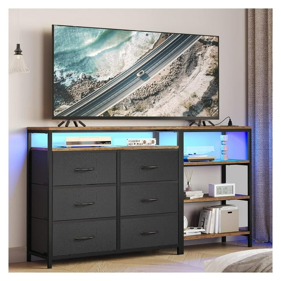 TV Stand Dresser Bedroom for 60 Inch TV with LED Lights & Charging Station, Changable L Shape Corner TV Stand, 6 PU Drawers, 3 Open Shelves Entertainment Center (Rustic Brown and Black)