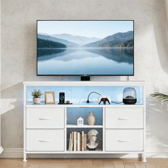 TV Stand Dresser for Bedroom, All-in-One Entertainment Center with LED Lights and Power Outlets, Features 4 Drawers and Open Shelf Storage, Fits 50 Inch TV with Adjustable Feet, Black