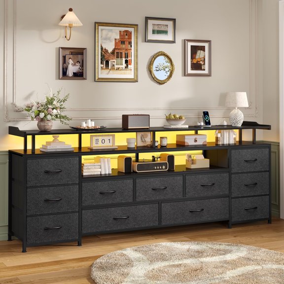 TV Stand Dresser for 65 inch TVs,63" Entertainment Center with LED Lights & Power Outlets,11 Drawers Console Table for Bedroom, Black