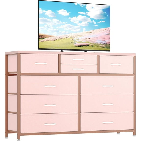 TV Stand Dresser with 10 Fabric Drawers, Entertainment Center for 50 Inch Television, Media Console Table with Storage, Living Room Furniture