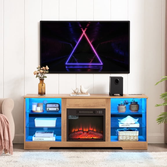 TV Stand Electric Fireplace, 7 Color Options, Touch Screen / Cozy Warmth, Convenient Charging for Devices