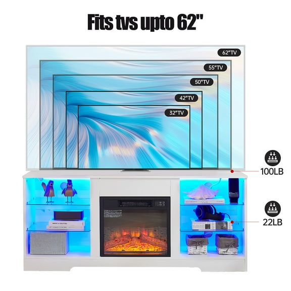 TV Stand Electric Fireplace Glass Shelves, 3D Fireplace TV Stand with LED Lights Wood with USB Charging Outlet Modern Television Table Center for TV up to 60" White, 58''W*15.5''D*24.4