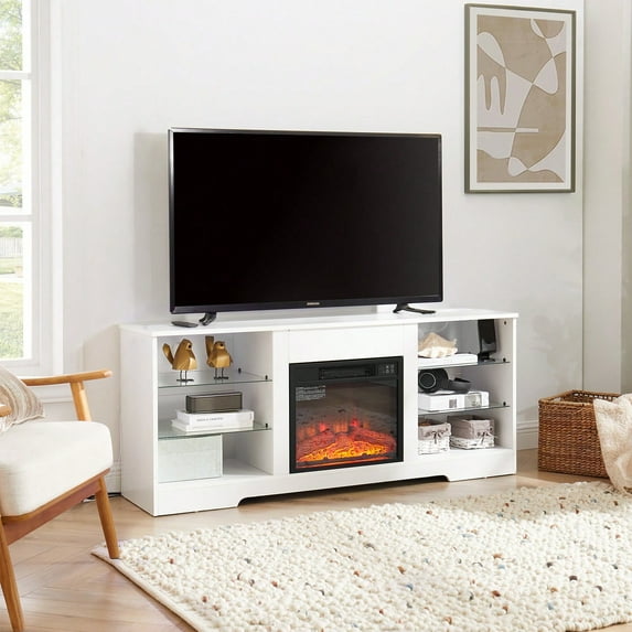 TV Stand Electric Fireplace TV Stand with Glass Shelves, 3D Fireplace TV Stand with LED Lights Wood with USB Charging Outlet Modern Television Table Center for TV up to 32-65" White 58''W*15.5''D*24.4