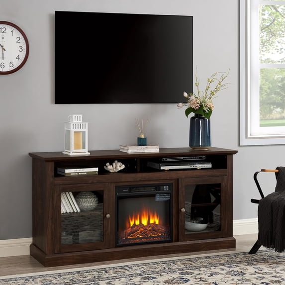 TV Stand with Electric Fireplace: Rustic Wood Entertainment Center for 65 Inch TV | Spacious Tall TV Cabinet with Adjustable Shelves and Storage Console for Living Room - Brown