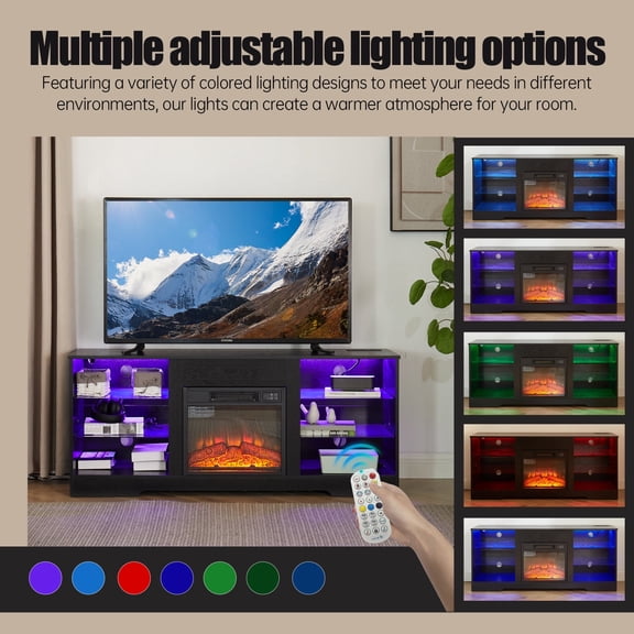 TV Stand Electric Fireplace TV Stand w/Glass Shelves, 3D Fireplace TV Stand w/LED Lights Wood w/USB Charging Outlet Modern Television Table Center for TV up to 32-62" Black 58"W*15.5"D*24.4 07006