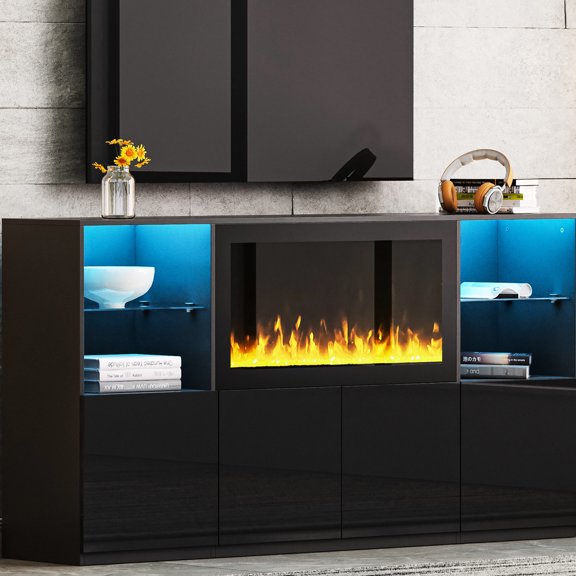 TV Stand | Electric Fireplace for Warm Living Space, Music-responsive LED Light | High Gloss MDF, Transparent Tempered Glass Display Shelves | Organizes Cables and Keeps Things Neat
