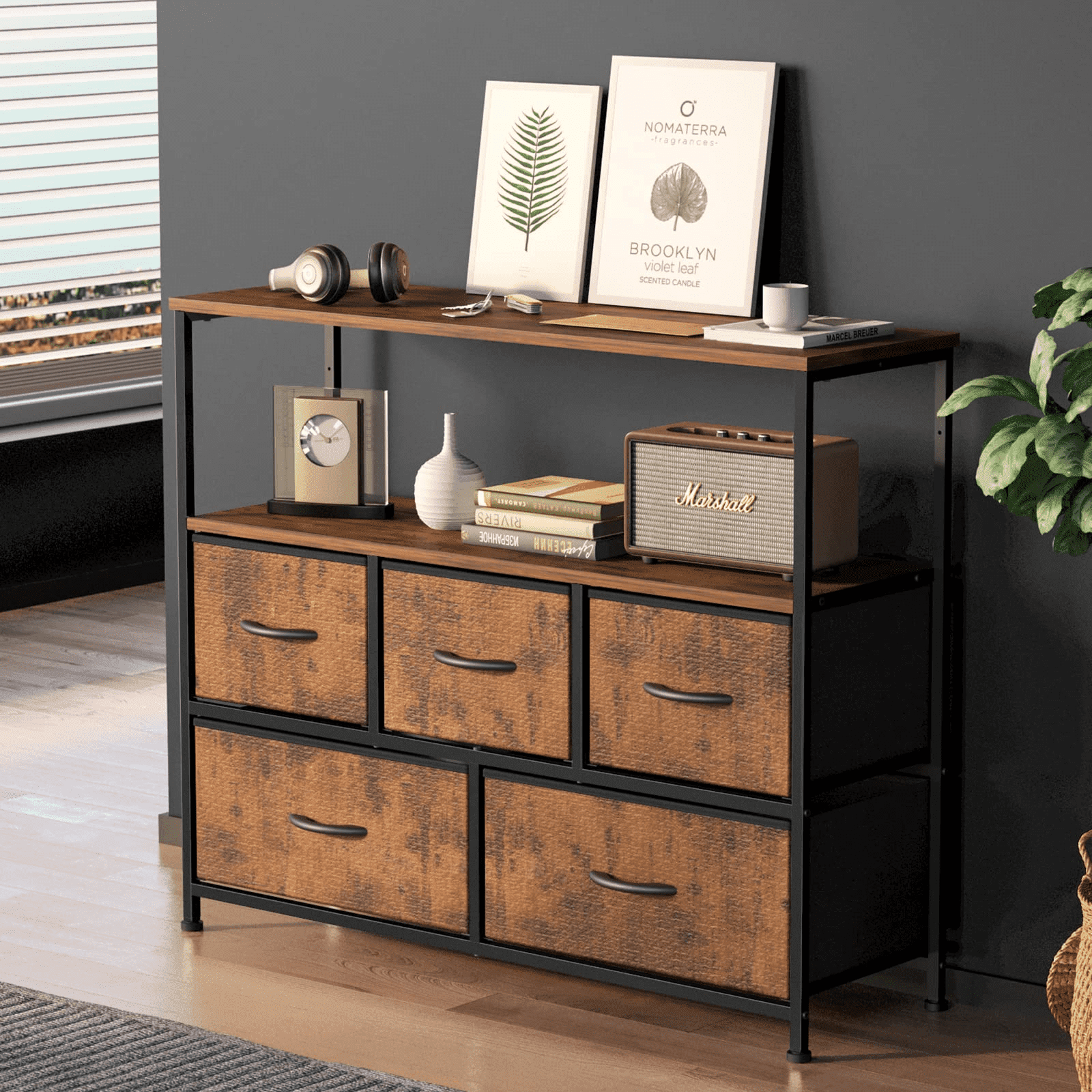 TV Stand, Entertainment Center Dresser with 5 Fabric Drawers with Open Storage Shelf for Bedroom Living Room Hallway, Rustic Brown - Walmart.com