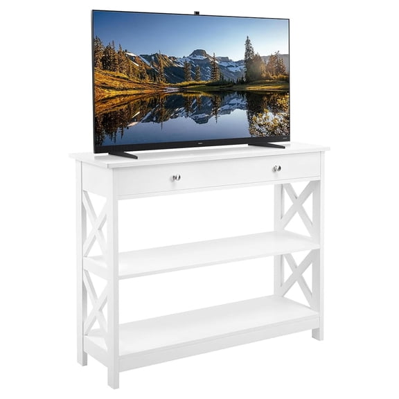 TV Stand, Entertainment Center with Drawer, 39.5" Media Console Table for TV with 2 Open Shelves for Bedroom, Living Room, Entryway, White