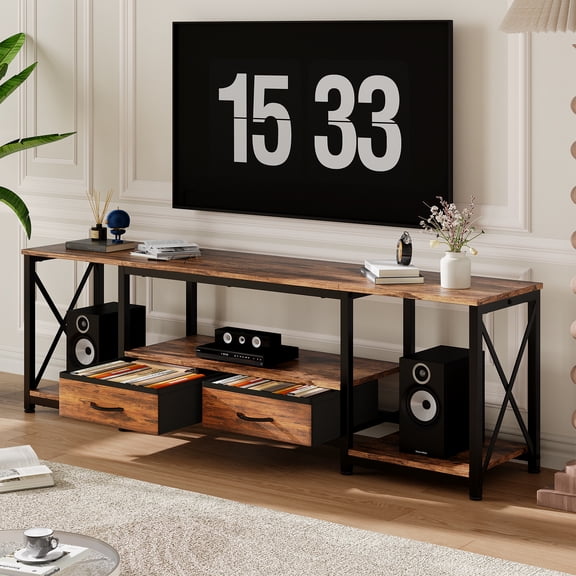 TV Stand with Fabric Drawers and Power Outlets for 75 70 65 Inch TV, TV Console Table, Entertainment Center with Open Storage Shelves for Living Room, Bedroom, Office, Rustic Brown