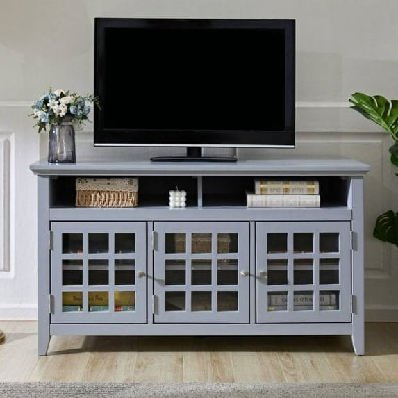 TV Stand, Farmhouse Console Table 48 Inch TV Wood Media Entertainment Center with 3 Number of Cabinets and 1 Shelves, Glass Door Sideboard Buffet Cabinet Tall Dresser for Living Room, Gray