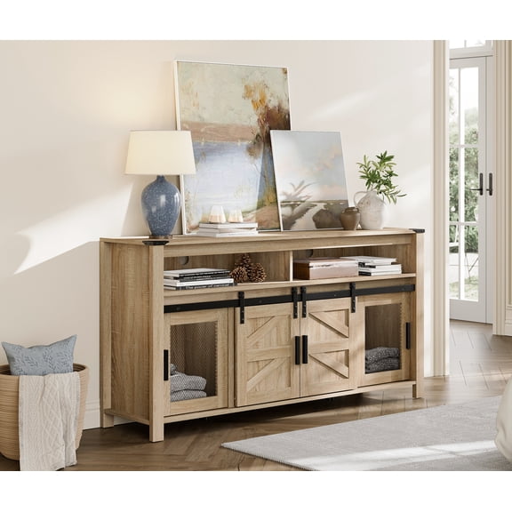 TV Stand Farmhouse Entertainment Center for TVs Up to 65 inch, Wood TV Media Console Table Cabinet Storage with Sliding Barn Doors for Living Room, Natural