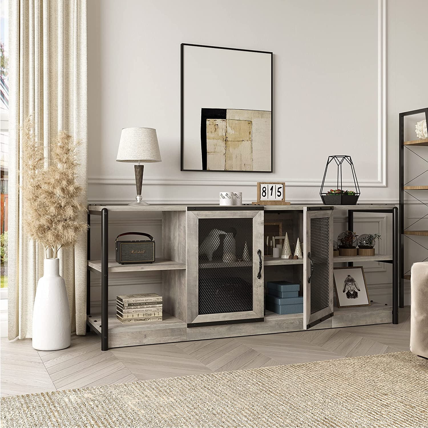 Gray Industrial Farmhouse TV Stand with Mesh Doors and Storage