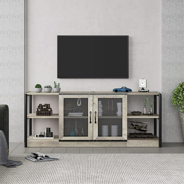 TV Stand Farmhouse Entertainment Center with Double Mesh Door Industrial TV Console Table with