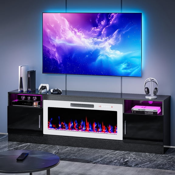 TV Stand with Fireplace, 36" Fireplace TV Stand LED Entertainment Center with Fireplace, 70 Inch Modern Electric Fireplace TV Stands for Living Room, Black TV Stands with White Fireplaces