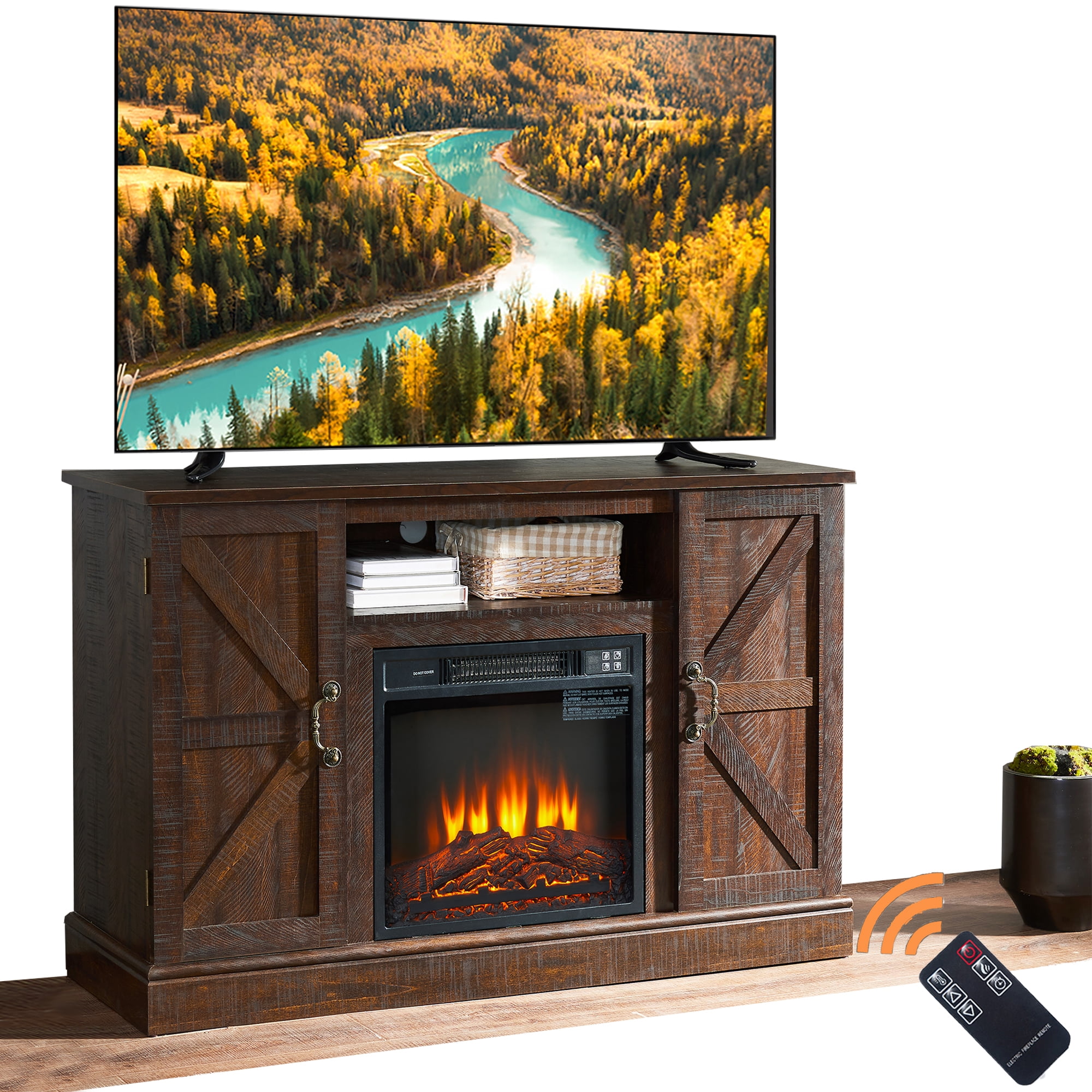 TV Stand with Fireplace for 55'' TV - Electric Fireplace TV Stand W/ Remote  Control u0026 Virtual Flame, Adjustable Fireplace Entertainment Center TV  Console with Storage for Home Living Room, Brown -