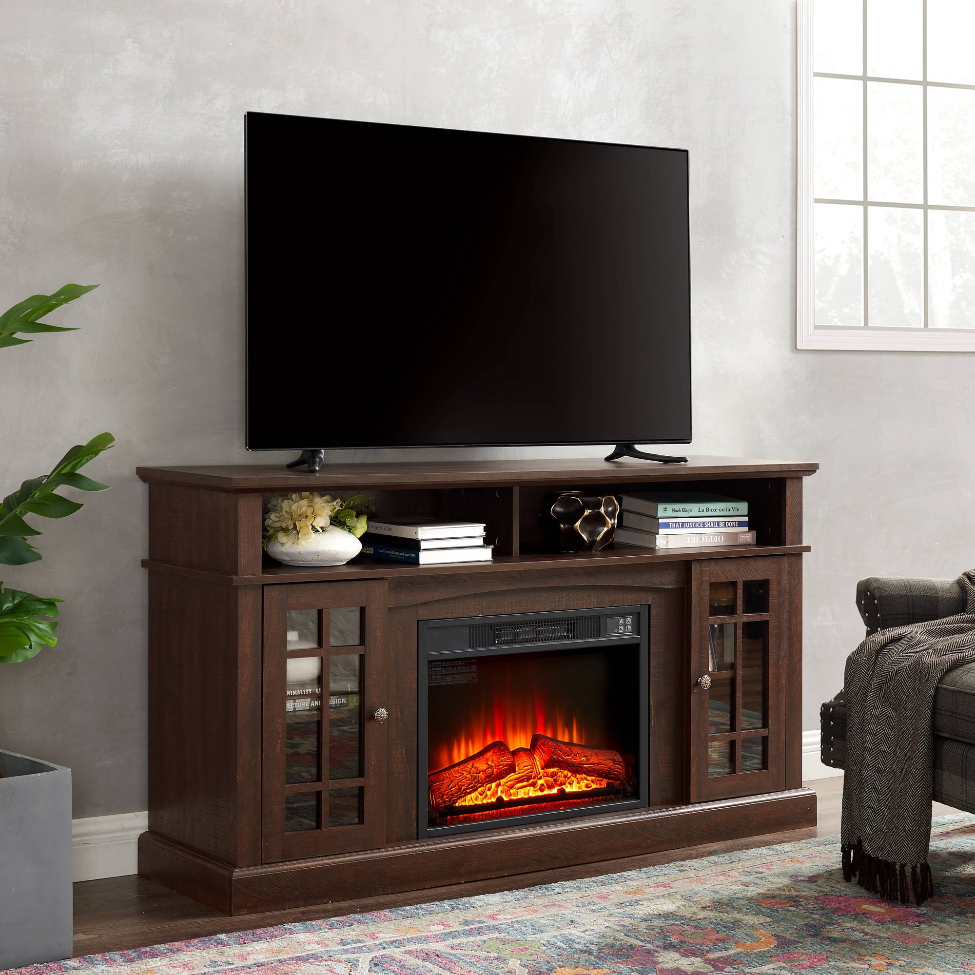 TV Stand with Fireplace, 58 Electric Fireplace Heater TV Stand for 65  TVs, Wood Fake Fireplace Heater, Electric Fireplace Entertainment Center,  Black, TE1043 - Walmart.com