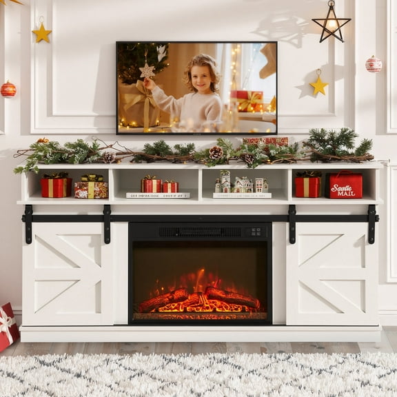 Fireplace TV Stand for TVs up to 65", Paproos Farmhouse TV Stand with 23" Electric Fireplace, Entertainment Center Televison Console Table with Sliding Barn Doors & Open Shelves, White