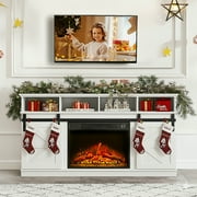 PAPROOS Fireplace TV Stand for TVs up to 65", Entertainment Center with 23" Electric Fireplace, Farmhouse TV Console with Sliding Barn Doors & Storage Cabinets & Adjustable Shelves, White