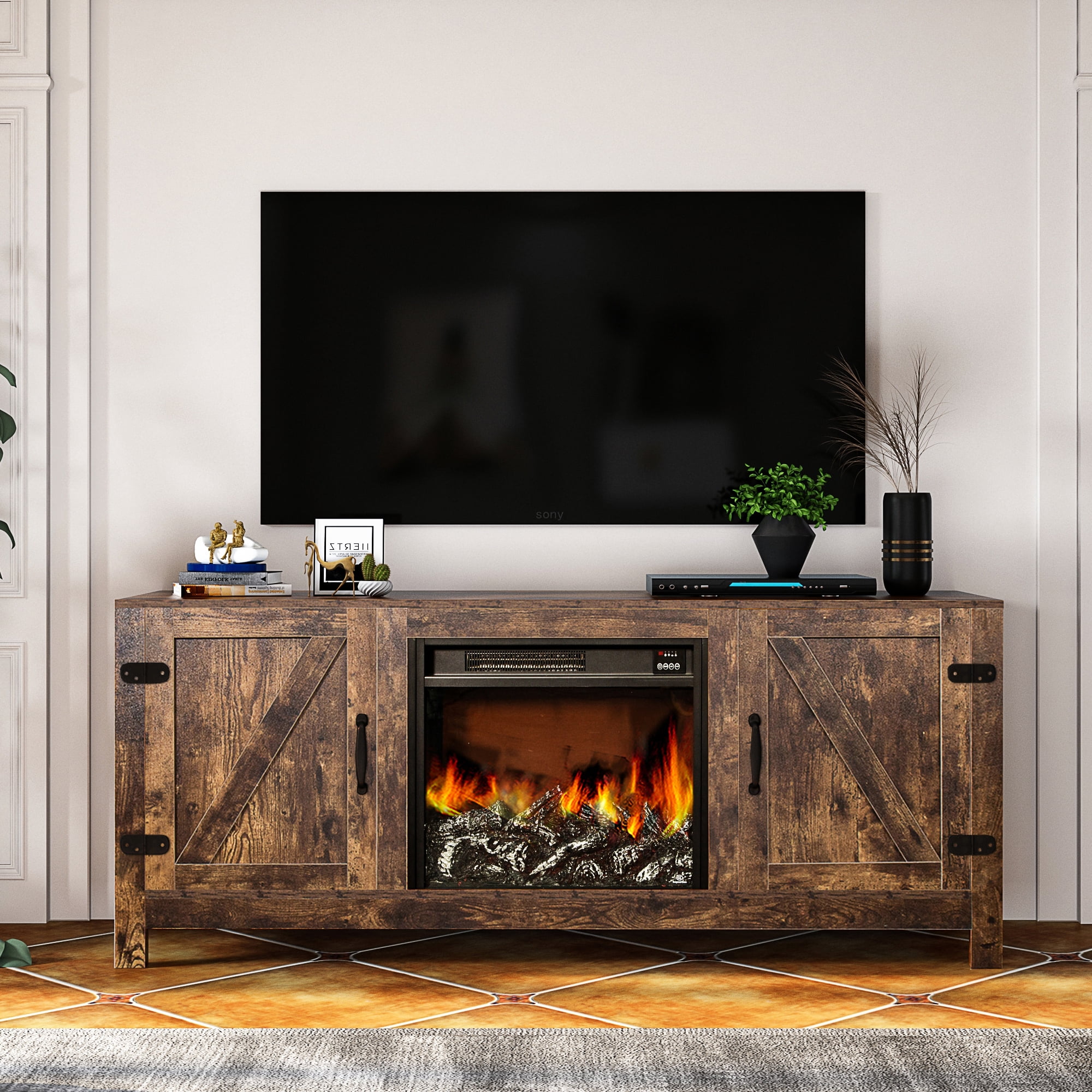 TV Stand with Fireplace for 65 Inch TV, Farmhouse Electric Fireplace TV  Cabinet with 5 Brightness Adjustment u0026 Remote, Media Entertainment Center  Barn Door Television Console Table with Storage, Oak - Walmart.com