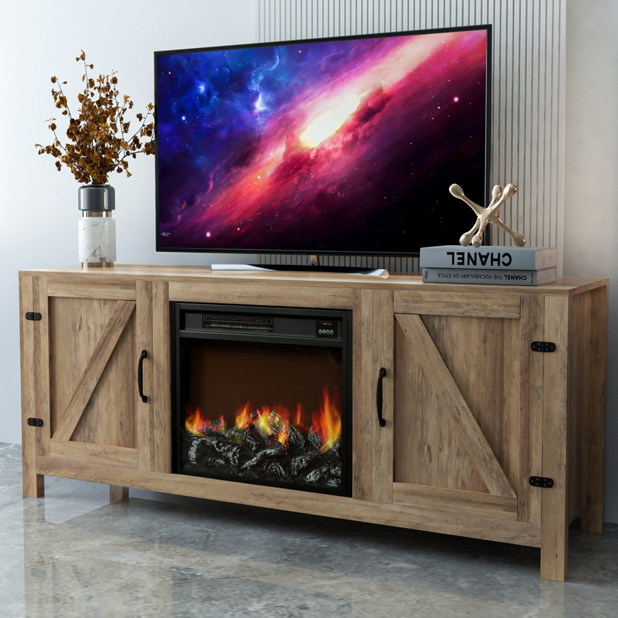 Electric Fireplace TV Stand, Farmhouse Media Entertainment Center