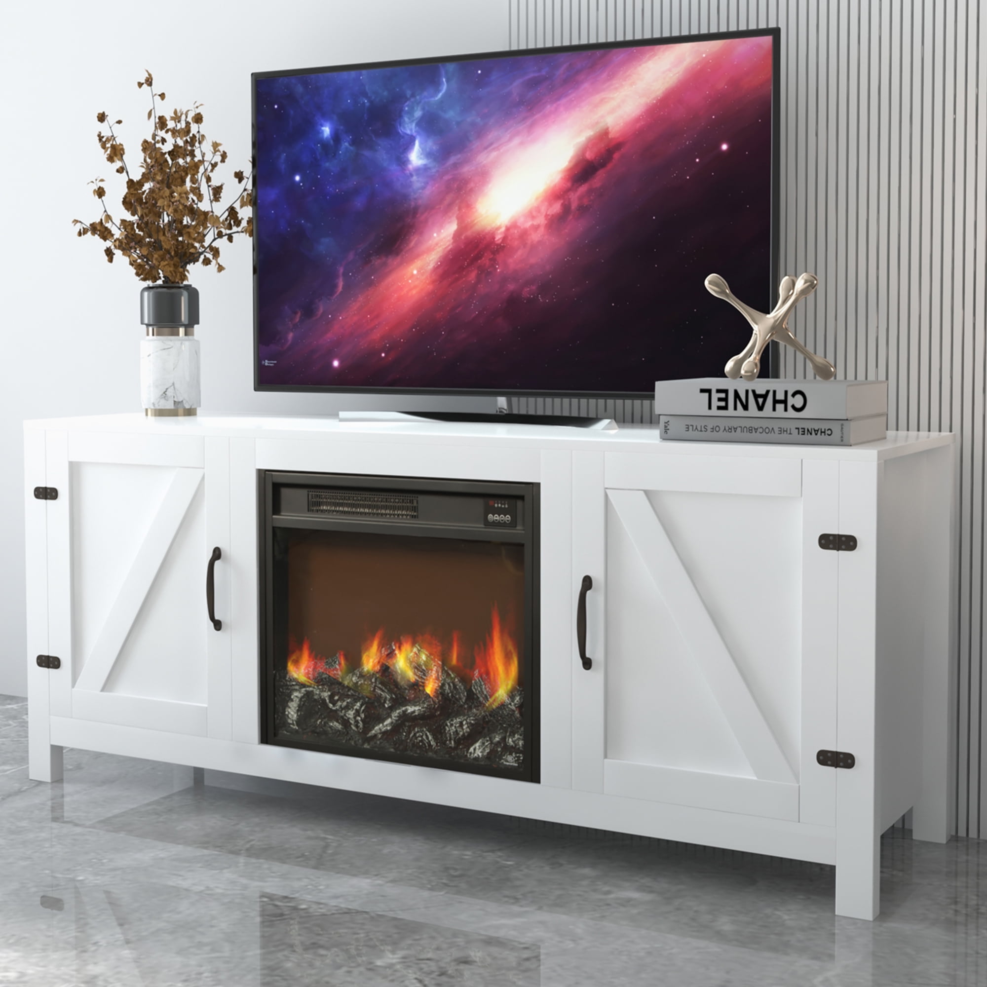 Electric Fireplace TV Stand, Farmhouse Media Entertainment Center