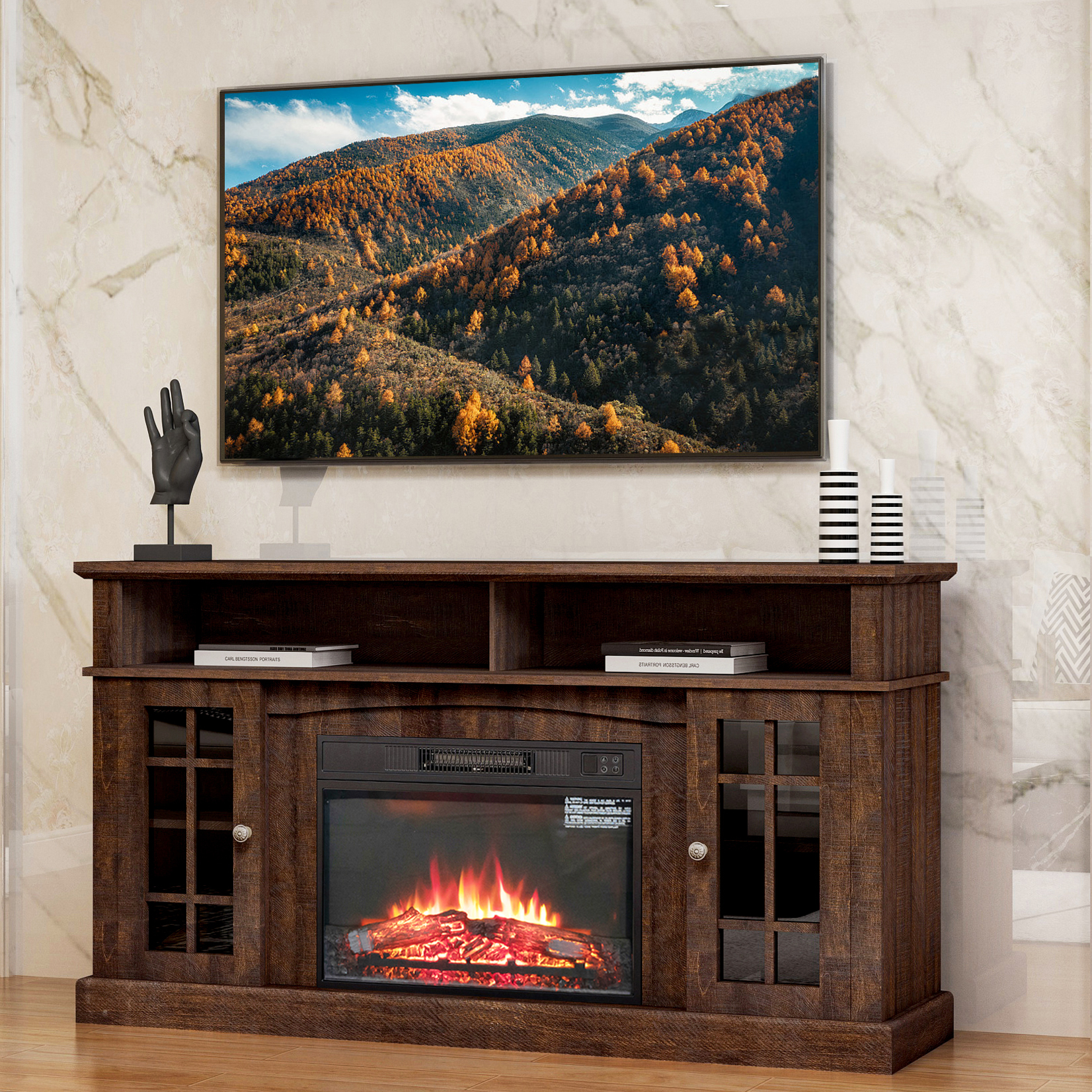 TV Stand with Fireplace for 65''TV, 58''L Fireplace Entertainment