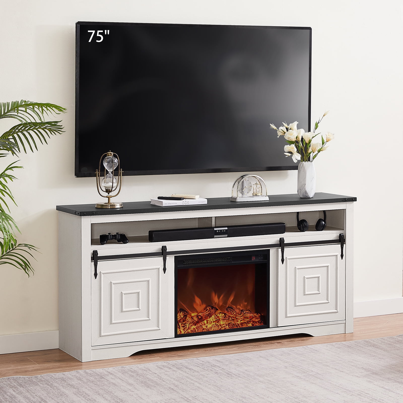 TV Stand with Fireplace, Farmhouse Entertainment Center with Storage