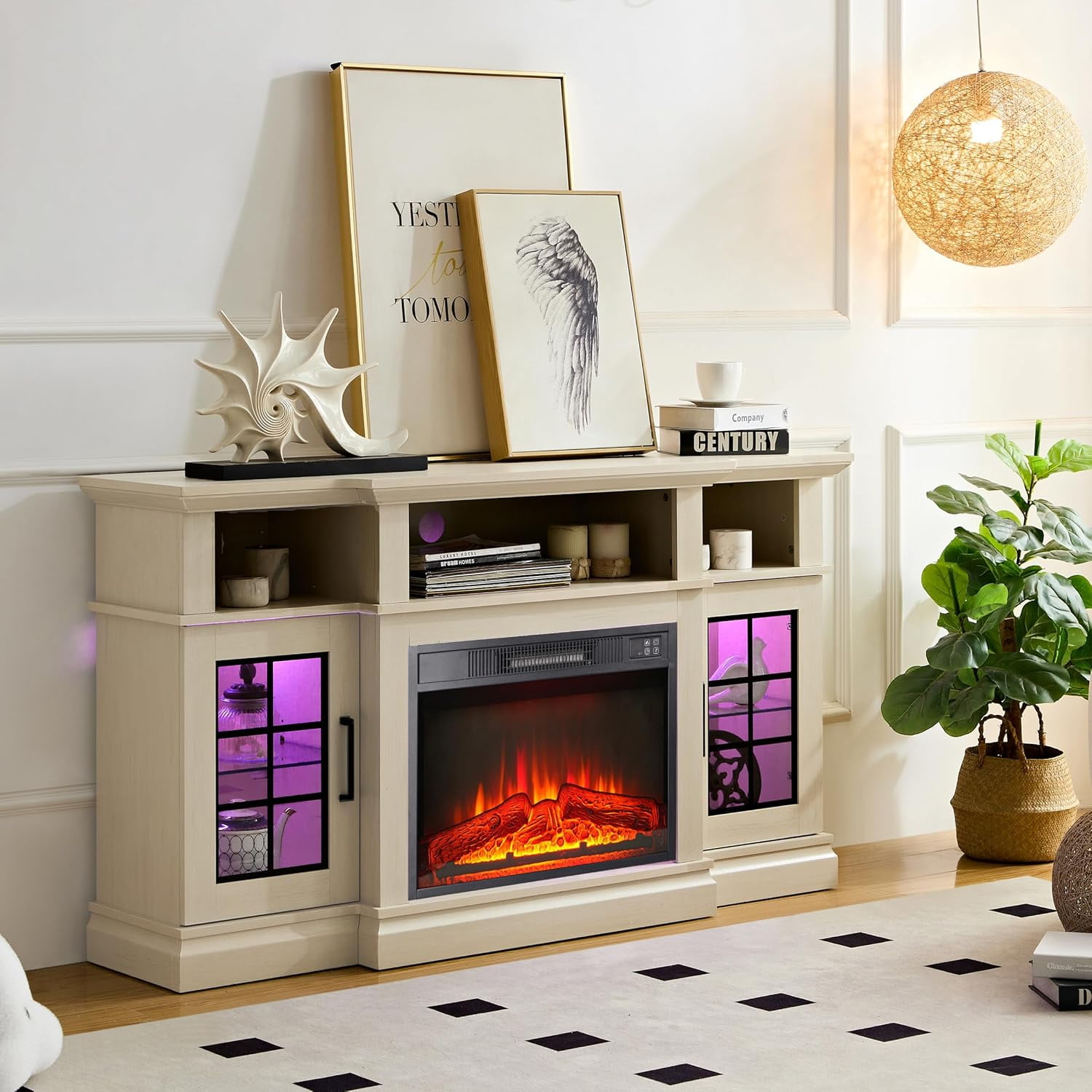 TV Stand with Fireplace, Farmhouse TV Stand with LED Lights for 65 Inch