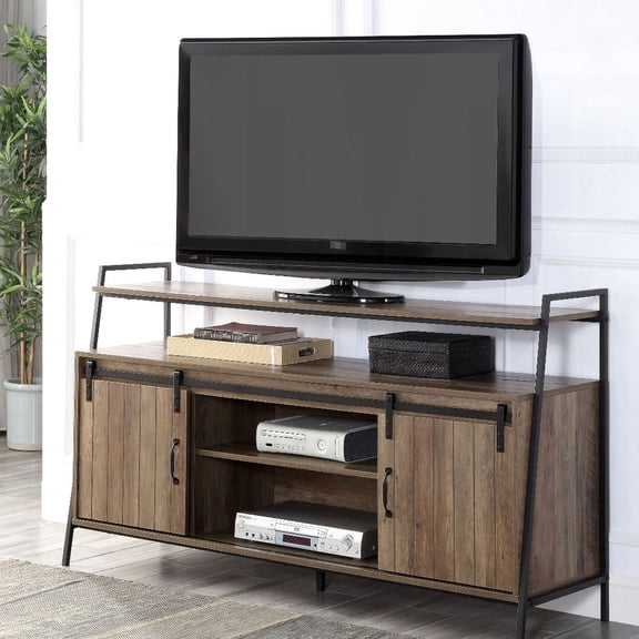 TV Stand | Fits 58-Inch TVs, Stylish Barn Door Storage | Metal Frame with Rustic Look | Display Decorative Items in Living Space