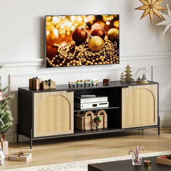 TV Stand Fits TV up to 75'', Rattan Entertainment Center with Adjustable Shelf, Mid Century Modern Media Console Table with 2 Storage Cabinets and Open Shelves for Living Room, Bedroom
