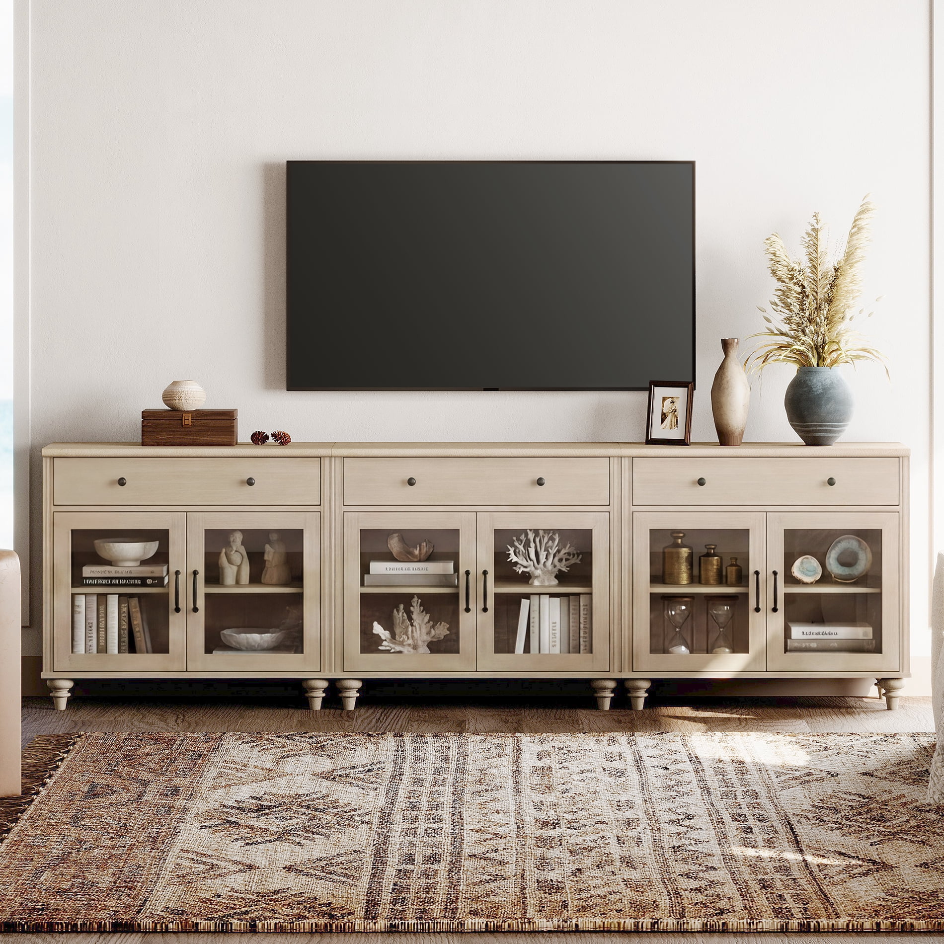 TV Stand For 100 Inch TV Inch TV, 3-In-1 TV Console Table For 75/80/85/90 Inch TV, Entertainment Center With 3 Drawers And 6 Doors, Beige