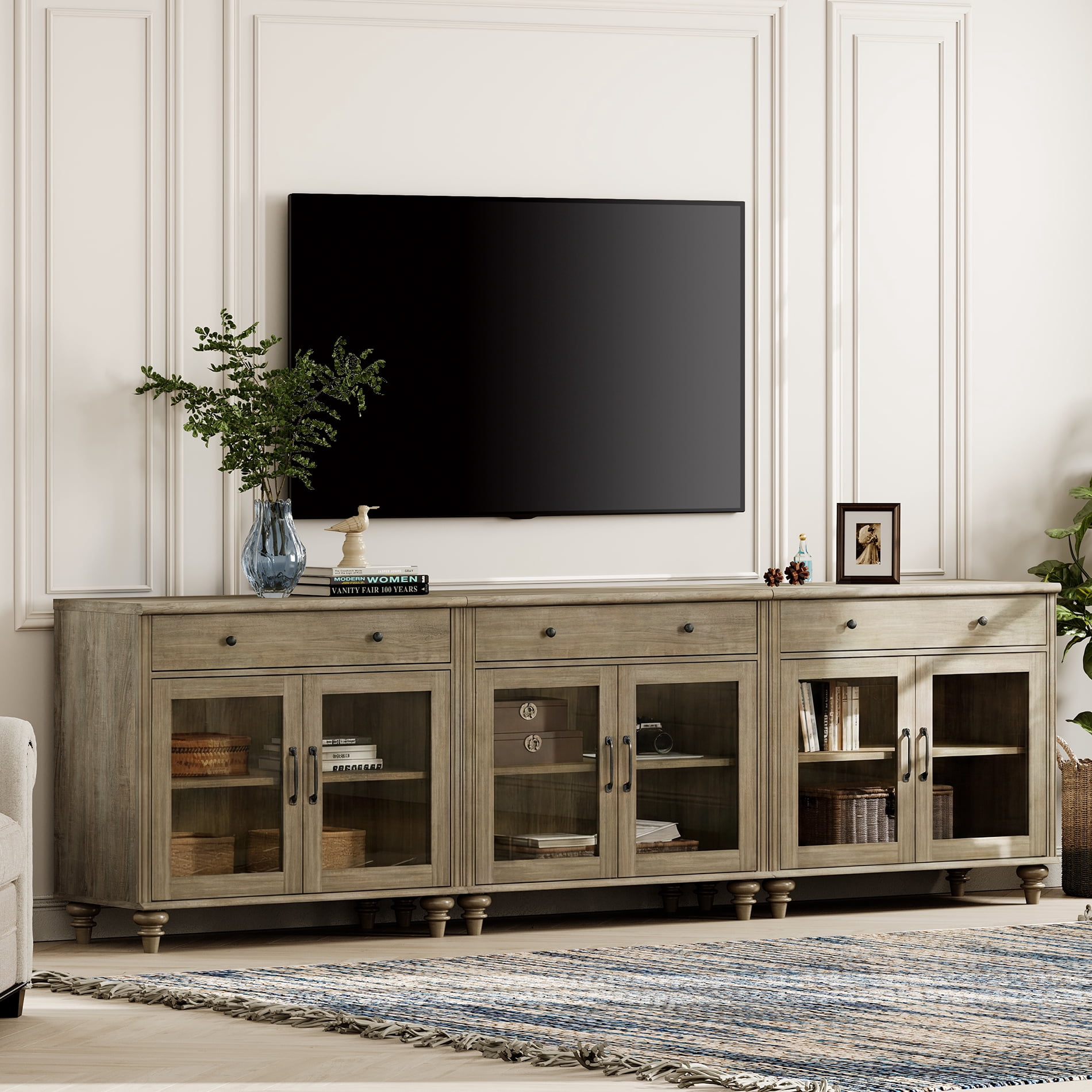 TV Stand For 100 Inch TV Inch TV, 3-In-1 TV Console Table For 75/80/85/90 Inch TV, Entertainment Center With 3 Drawers And 6 Doors, Wash Grey